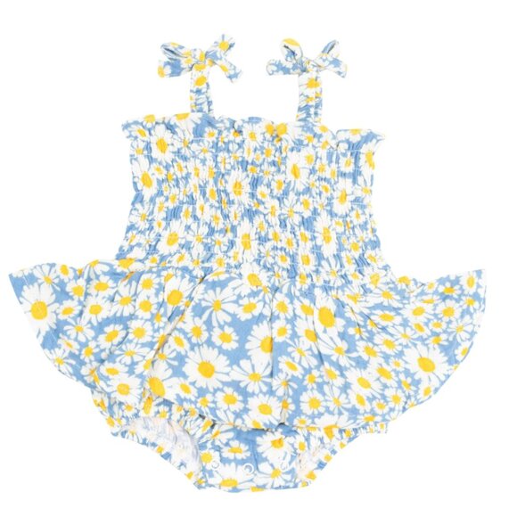 Angel Dear Floral Blue and Yellow Smocked Bubble Romper - Picture 1 of 3